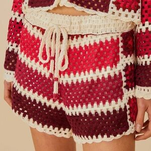 Farm Rio red colorful crotchet tile shorts.
